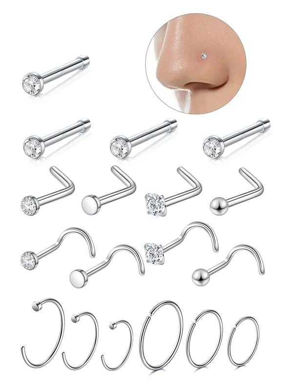 Elegant Rhinestone Decorated Nose Studs, 18pcs Stainless Steel Nose Rings, Nose Piercing Jewelry for Women and Men, Body Jewelry for Summer Party 0