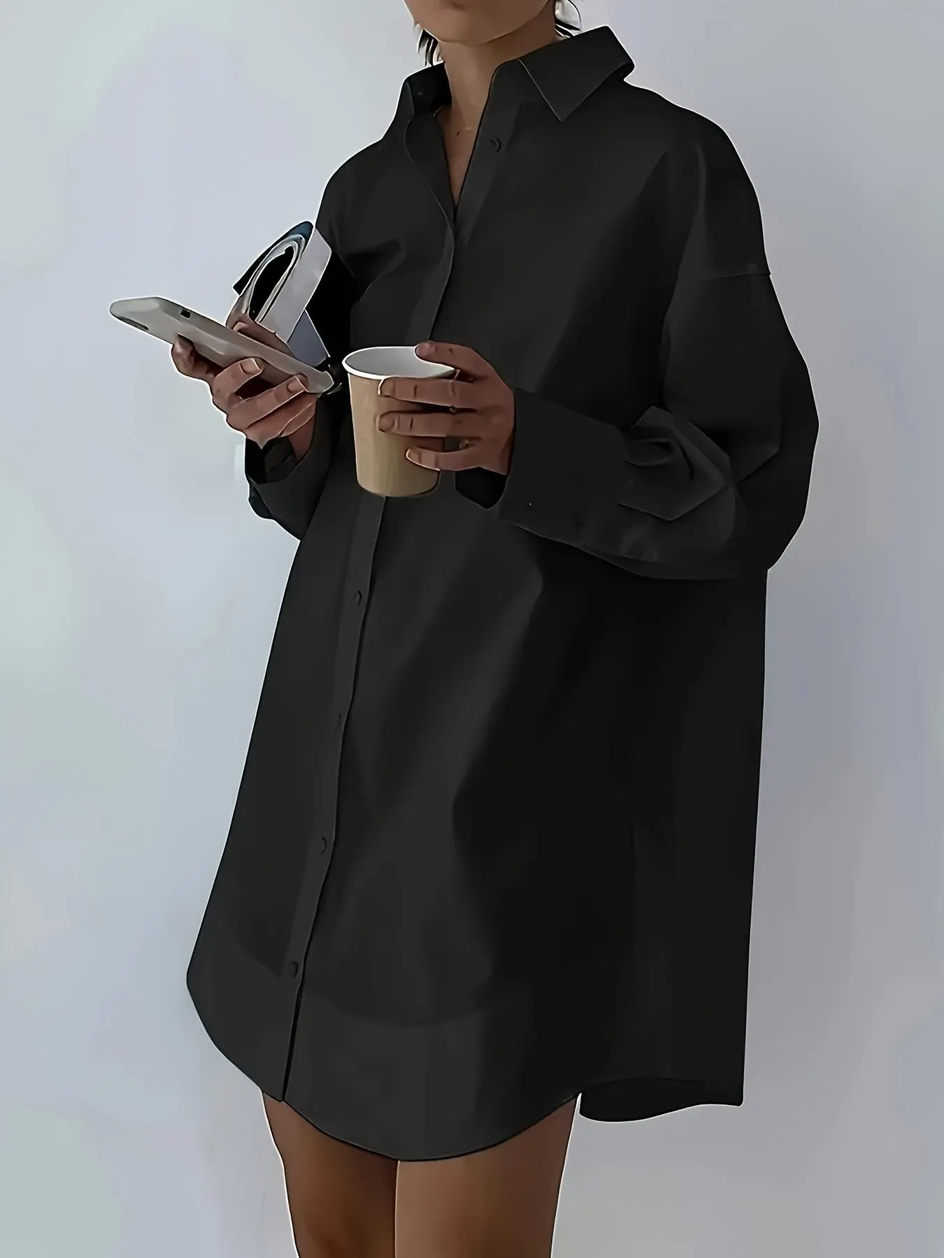 【Plus Size】 Solid Button Front Drop Shoulder Shirt, Casual Long Sleeve Collared Top for Spring & Fall, Women's Clothes for Daily Wear
