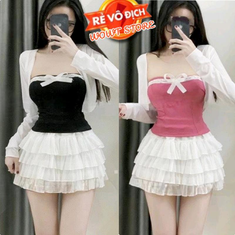 Sét bộ nữ 3 món áo ống phối ren 2 lớp có mút Ng kèm chân váy ngắn tầng chất vải voan và áo khoác lũng chất thun giấy Top Women