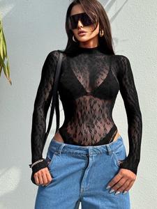 Body de malla con recortes sólido para mujer, body casual de manga larga con diseño calado para vacaciones en la playa, ropa de damas para todas las estaciones