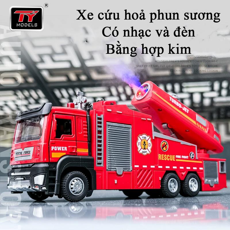 Đồ chơi xe cứu hoả phun sương có nhạc và đèn bằng hợp kim tỷ lệ 1:32 kèm 1 chú cứu hoả