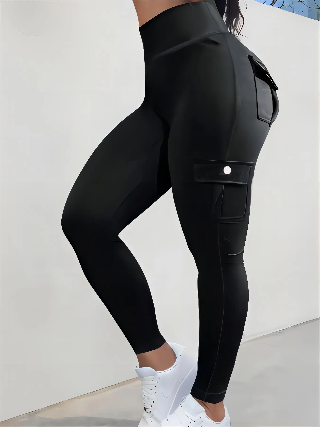 【Plus Size】 Button Pocket High Waist Leggings, Plus Size Leggings for Women, Casual Comfy Skinny Pants for Daily Wear, Streetwear Tight Cargo Pants, Women's Bottoms for Summer, Summer Clothing