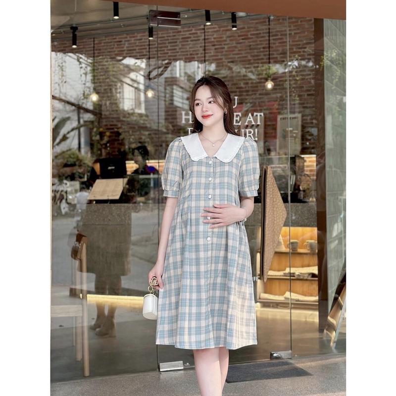 Váy bầu kẻ cổ bèo cách điệu thanh lịch big size cho bầu và sau sinh Thai sản Thoải mái Váy Bầu Đầm Bầu đuôi vịt xám xanh túi Kem đậu xanh đính nơ