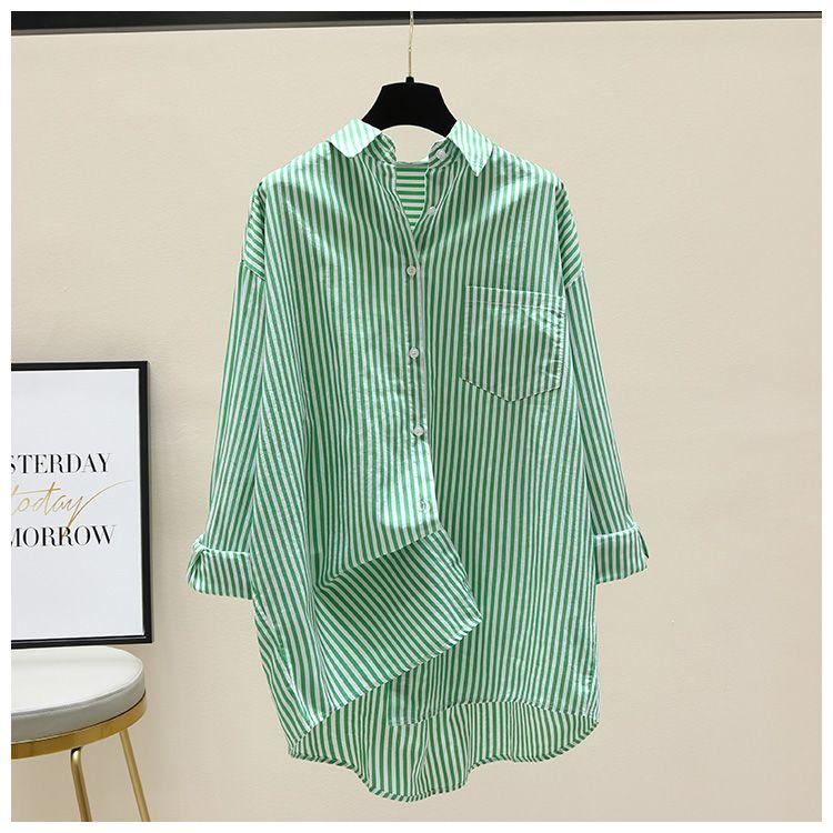 Product Introduction of [Frsud] pure cotton striped printed shirt, women's loose, long sleeve, simple casual style, half-length cardigan shirt, suitable for women, new in 2024 XL [211rx royal blue] blouse & shirt 4