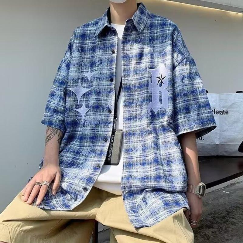 Men's Shirt Casual Plaid Fashion Loose Couple Short Sleeve Shirt Men's Shirt[S37] 0