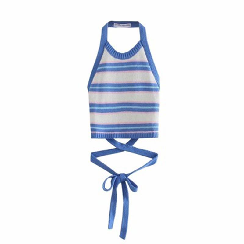 Women Sexy Backless Vest, Stripe Pattern Halter Neck Crop Tops 5