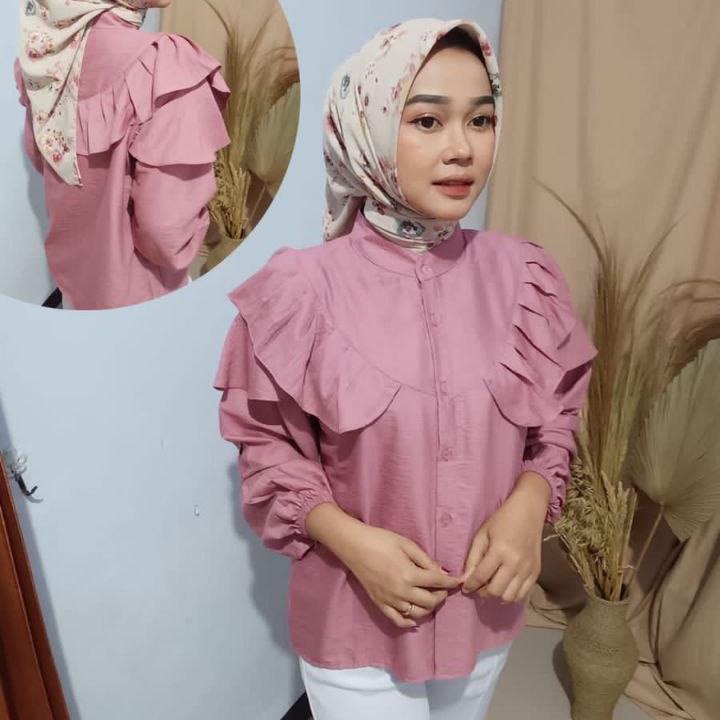 Blouse Rufle Polo Linen Rafella Atasan Wanita Baju Ruffle 2