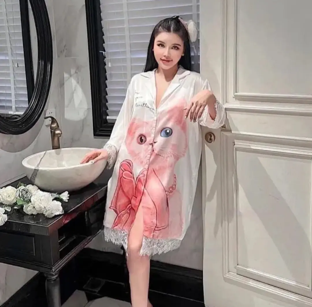 B16 - Váy Ngủ Lụa Sơ Mi Họa Tiết, Lụa Quảng Châu Cao Cấp