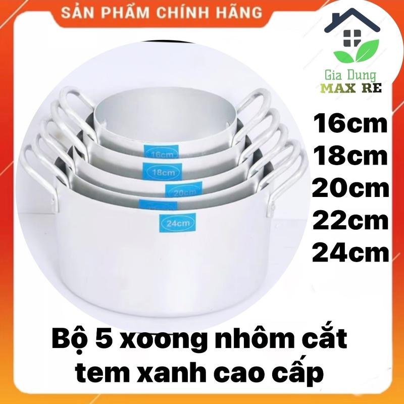 Bộ 5 xoong nhôm cắt tem xanh size 16-18-20-22-24cm dầy dặn bền đẹp