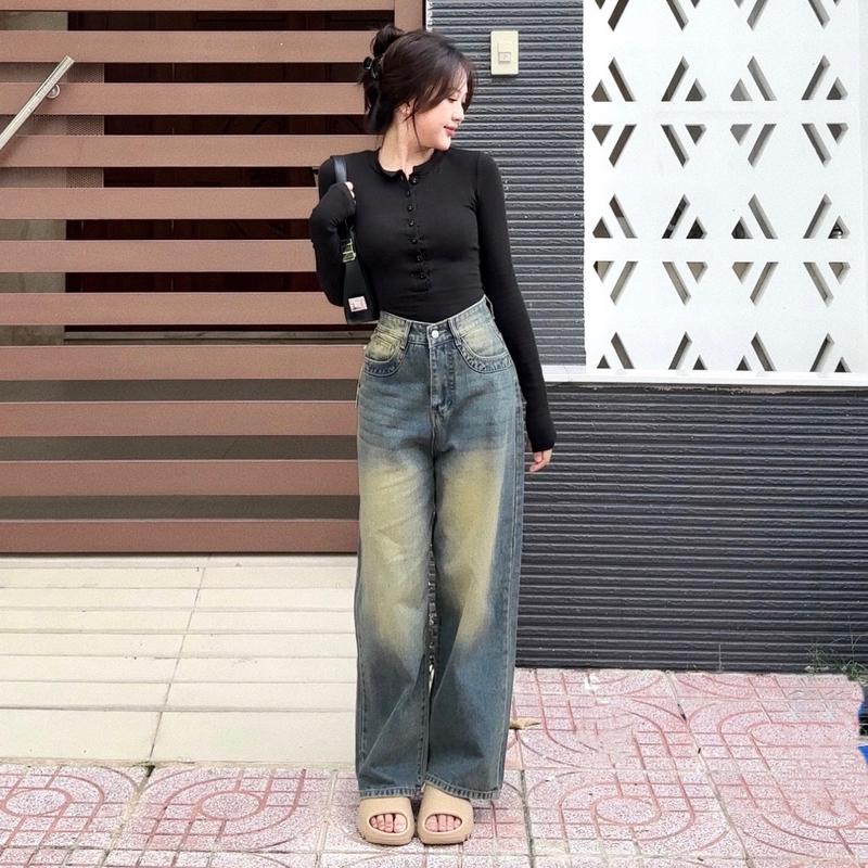 (Suông nấm lùn)Quần jean suông nữ viền túi