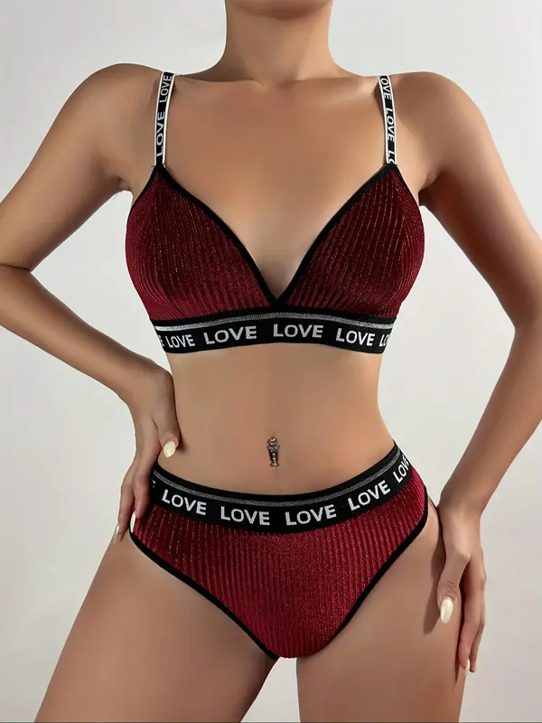 Two-Piece Set Women's Velvet Letter Tape Bra & Contrast Binding Panty Two-piece Set, Adjustable Strap Wireless Bra & Panty, Lingerie Set for Women 4