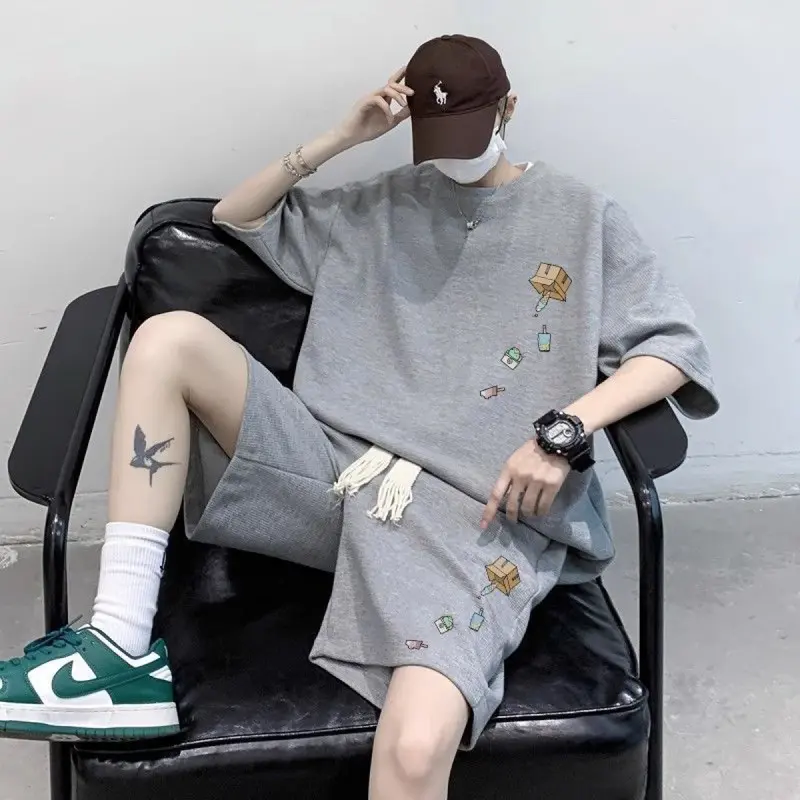 Bộ Áo Phông ngoại Cỡ Thiết Kế Bánh Quế, Dành Cho Nam Giới, Trang Phục Mùa Hè, ngắn Tay Áo, Quần Đùi, Bộ Hai Mảnh, Thích Hợp Cho Các Hoạt Động Thể Thao Thường Ngày, Hoàn Hảo Để Phối Đồ 2