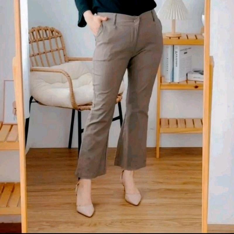Celana Cutbray Kancing Casual Basic Wanita Bahan Katun Twill Combed Ukuran Standar Kain Melar Nyaman Panjang Tebal Stretch Baggy Fit 2