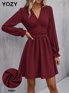 YOZY Women's Plain Shirred V Neck Dress, Casual Long Sleeve Dress for Spring & Fall, Women's Clothing for Daily Wear