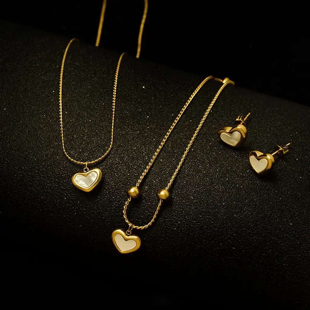 Bộ Vòng Tay Và Vòng Cổ Trái Tim Vỏ Sò Cho Nữ, Bộ Trang Sức Vòng Cổ Vòng Tay Bông Tai Vàng Bằng Thép Không Gỉ Voi Cao Su