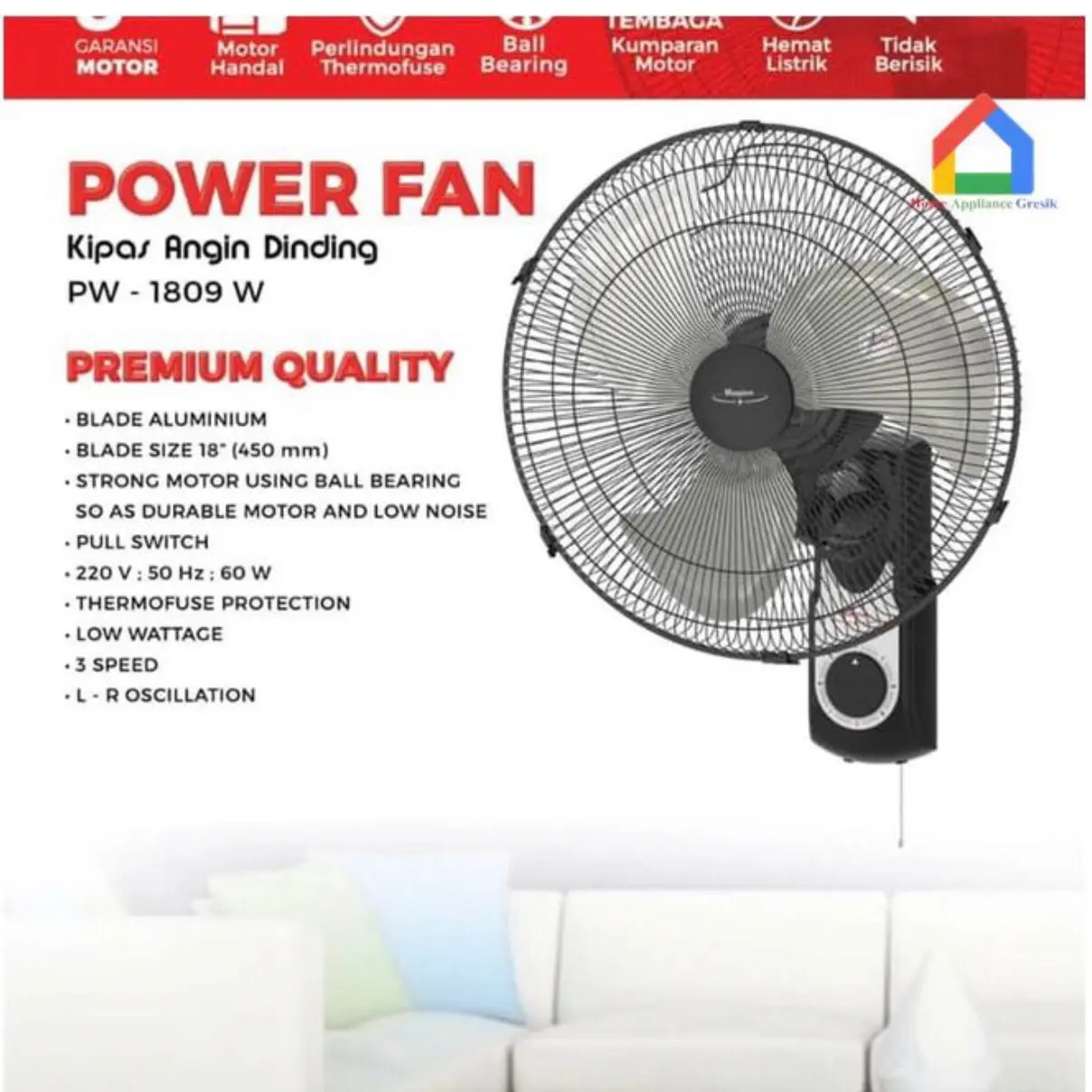 Kipas Angin Dinding Maspion Power Fan PW 1809 /Wall Fan Maspion PW1809 /