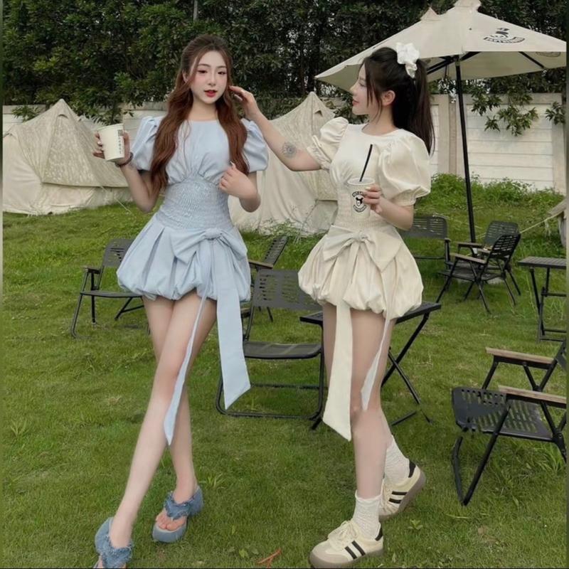 ￼V198 váy thô tay bồng Nữ  bo chun eo phối nơ siêu tiểu đầm xinh nhẹ nhàng Women