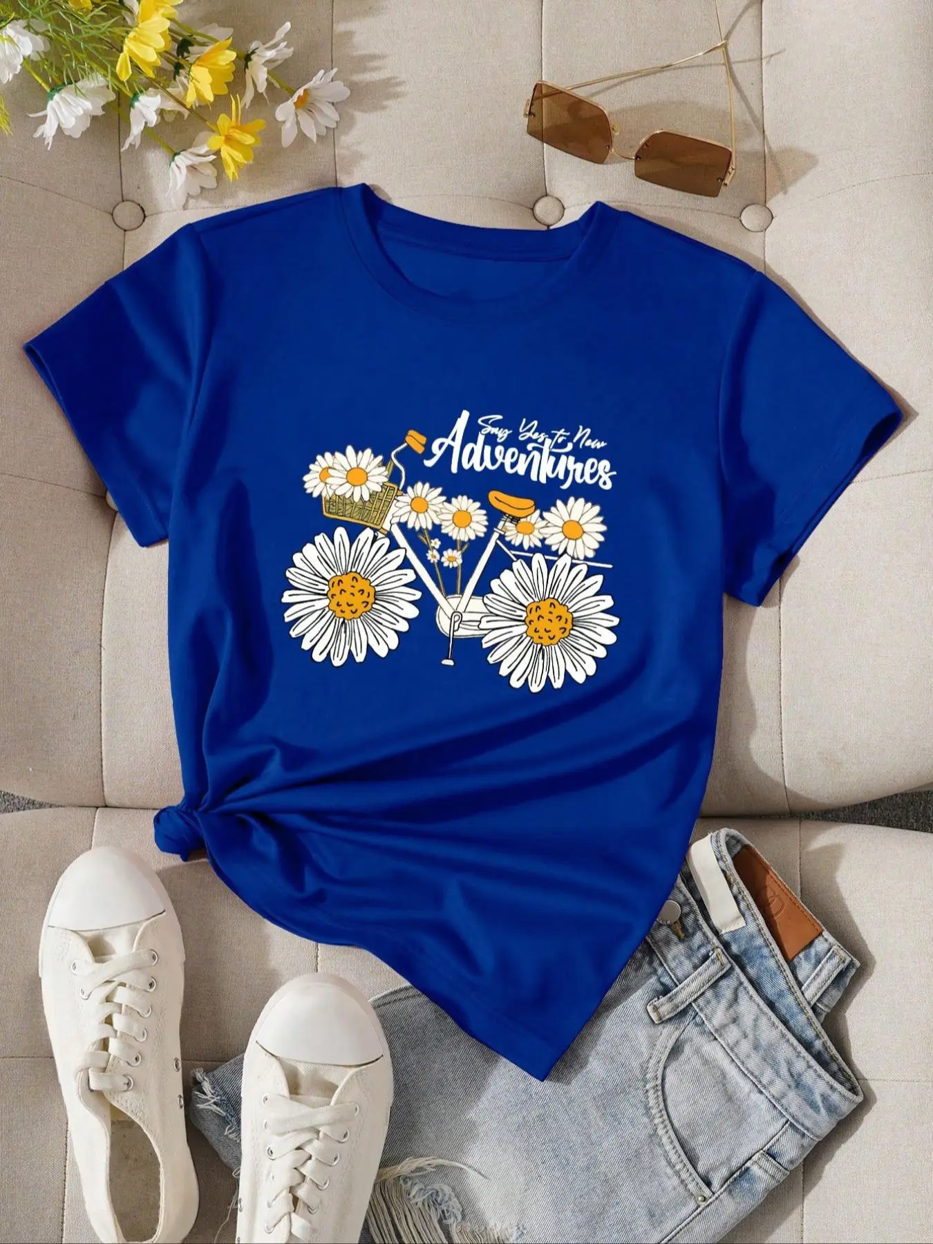 Women's Floral & Letter Print Round Neck Tee, Fashion Casual Short Sleeve T-shirt for Daily Wear, Ladies Clothes for Summer