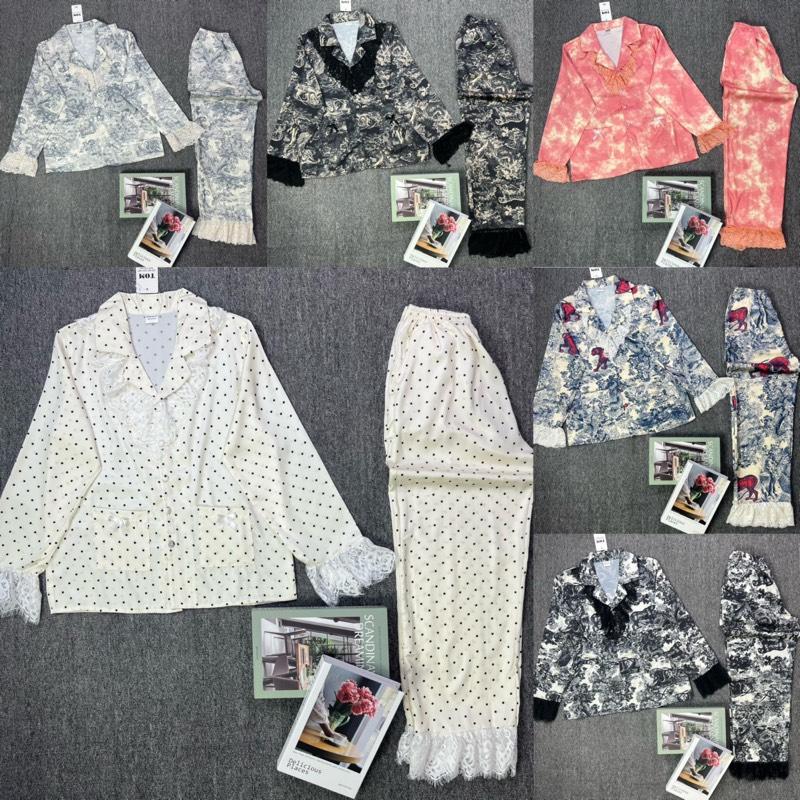 Đồ Bộ Pijama Lụa LaTin Tơ Tằm Phối Ren Chấm Bi - Hoạ Tiết Rừng Thiết Kế Nữ (Có Túi 40kg-60kg)