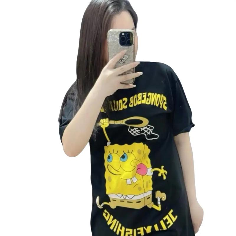 Áo thun bọt biển form thụng chất cotton khô co giãn 2 chiều hình Nữ  Cổ Tròn Nữ Women Tối giản nơ đệm vai màu trắng ngày nghỉ