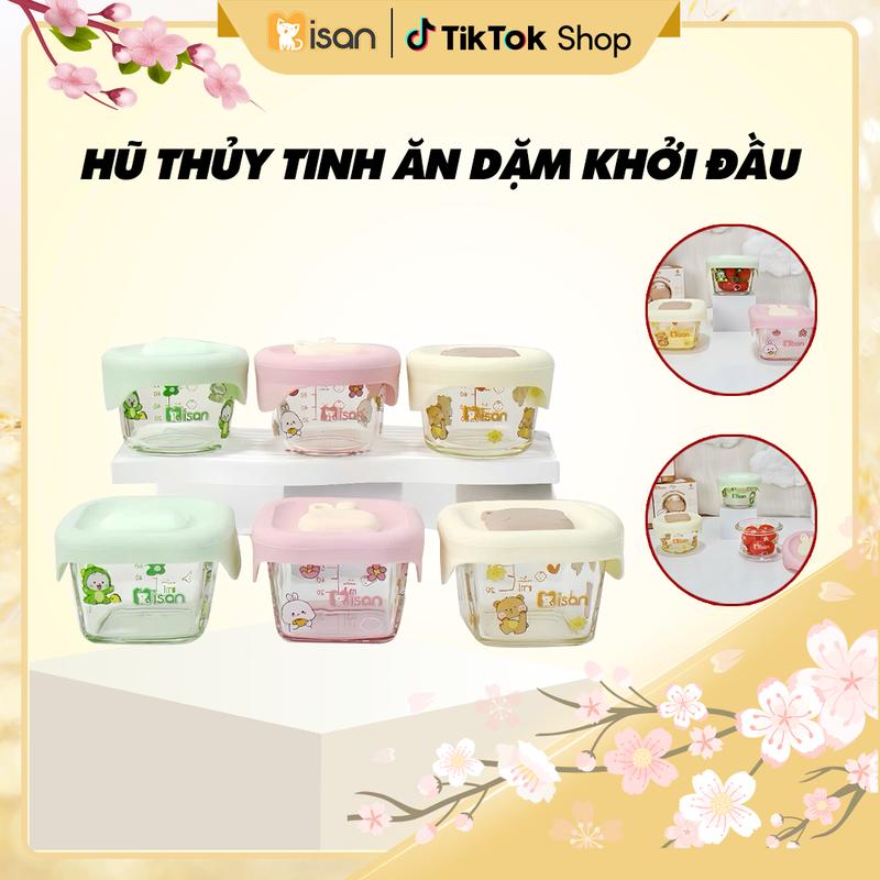 Misan Hũ Thuỷ Tinh Họa Tiết Misan Vuông 140ml Tròn 110ml Chia Vạch Ml Làm Bát Ăn Cốc Nấu Cháo Khuôn Hấp Bánh Cho Bé