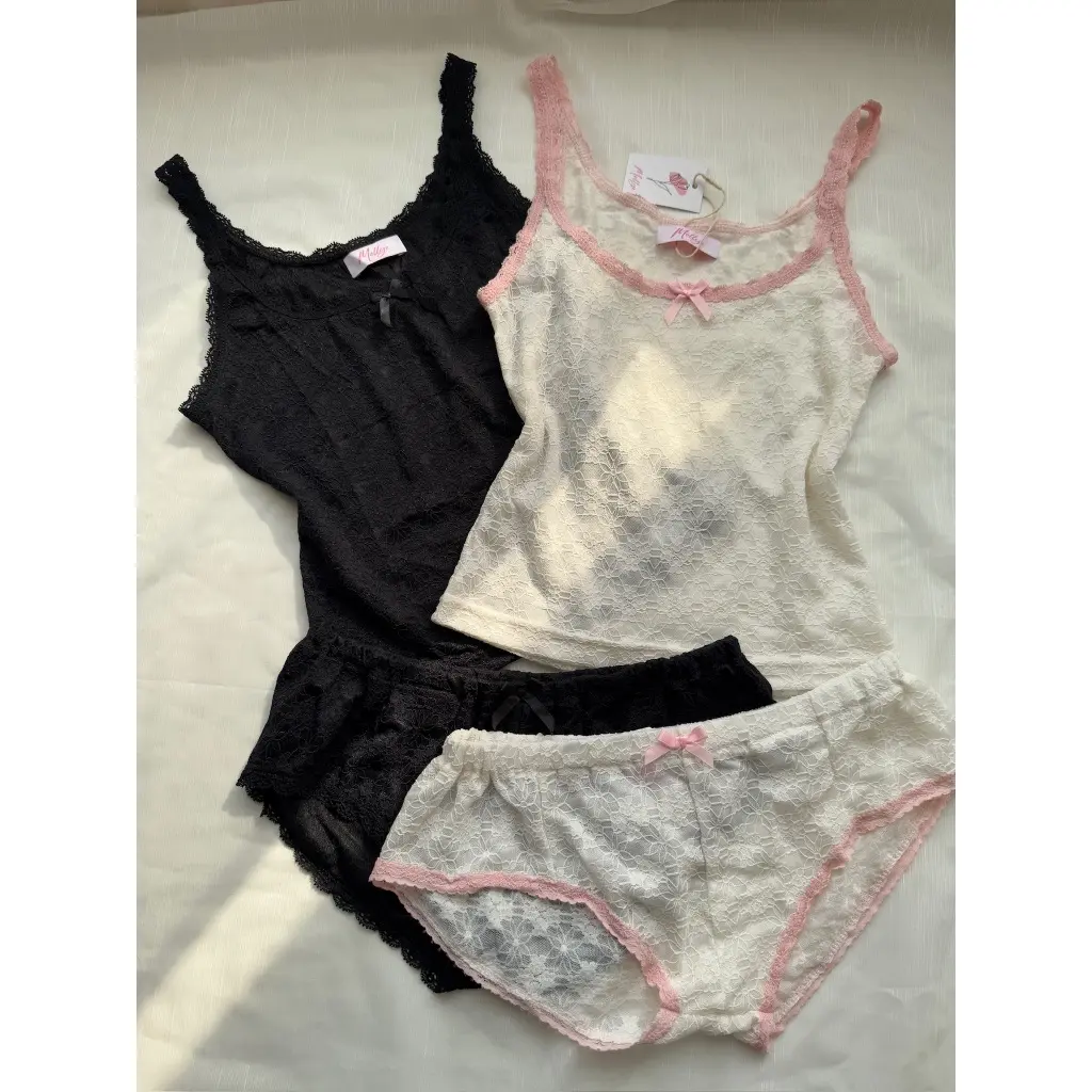 ￼MOLLY SET| Set đồ ngủ nữ áo hai dây viền ren, quần form “nhỏ” tí hon| chất vải mỏng freesize thoải mái