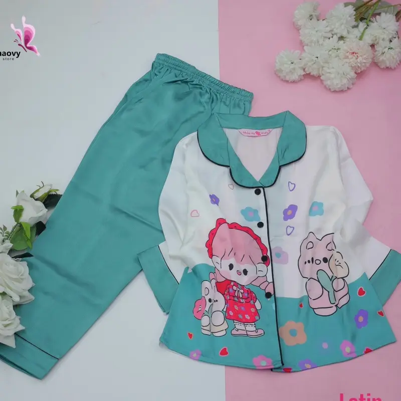 [10-57Kg] Bộ Pijama Bé Gái Tóc Hồng Dài Vải Lụa Cao Cấp - ThaoVySleepwear - Xanh Rêu Đỏ Hồng Tím - Quần Áo Ngủ Pijama Nữ - Bé Gái - Bộ Ngủ Lụa Đồ Bộ Mặc Nhà Homewear Sleepwear Không Nhăn Co Giãn Không Xù Giặt Không Rút