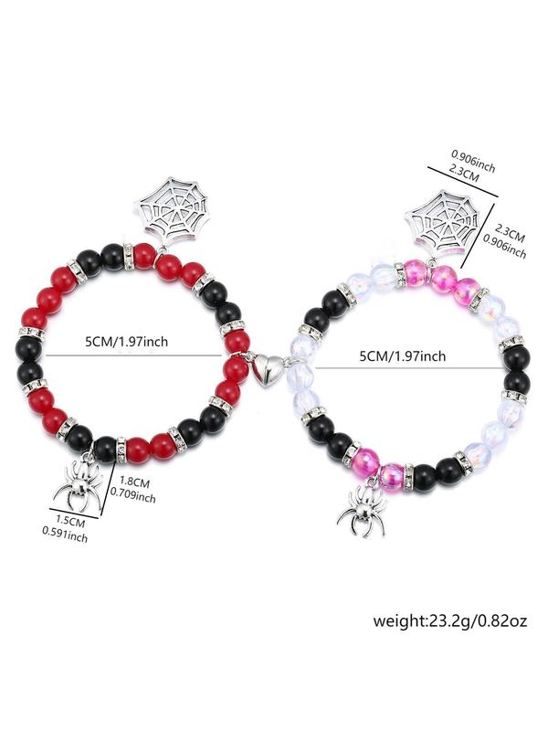 Fashion Spider & Net Design Charm Beaded Bracelet, 2024 Casual Simple Half Magnetic Heart Charm Jewelry for Party, Daily Clothing Decor, Valentine's Day, Gift 2