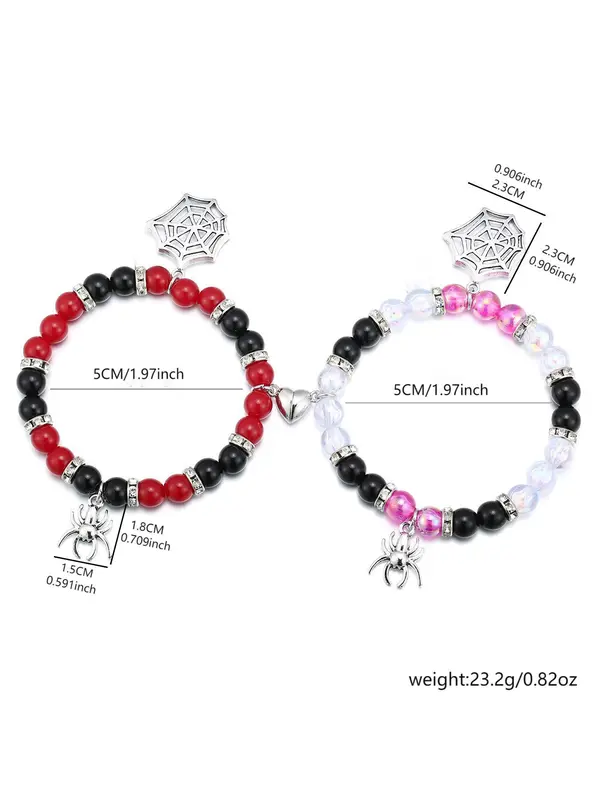 Fashion Spider & Net Design Charm Beaded Bracelet, 2024 Casual Simple Half Magnetic Heart Charm Jewelry for Party, Daily Clothing Decor, Valentine's Day, Gift 1