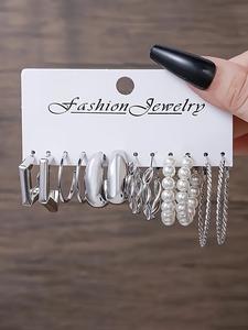Conjunto de Aretes de Aleación con Perla Falsa en Color Plateado, 12 piezas-24 piezas, Diseño de Anillo, Trébol de Cuatro Hojas, Hipoalergénicos, Uso Diario, Patrón de Flores