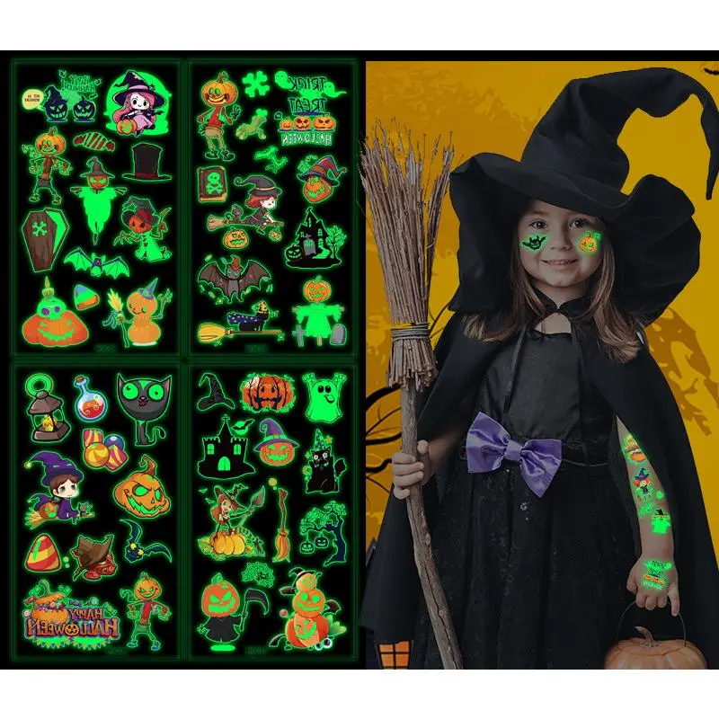 Miếng Dán Hình Xăm Halloween, Thiết Kế Hoạt Hình, Dạ Quang, Cao Cấp, Dành Cho Trẻ Em, Dễ Thương, Thích Hợp Cho Bữa Tiệc Ngày Lễ, Miếng Dán Hình Xăm Tạm Thời