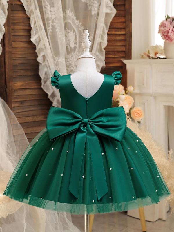 Girl's Faux Pearls Decor Big Bow Round Neck Dress, Elegant Sleeveless Contrast Mesh Dress for Party Wedding Guest, Kids Summer Clothes 7