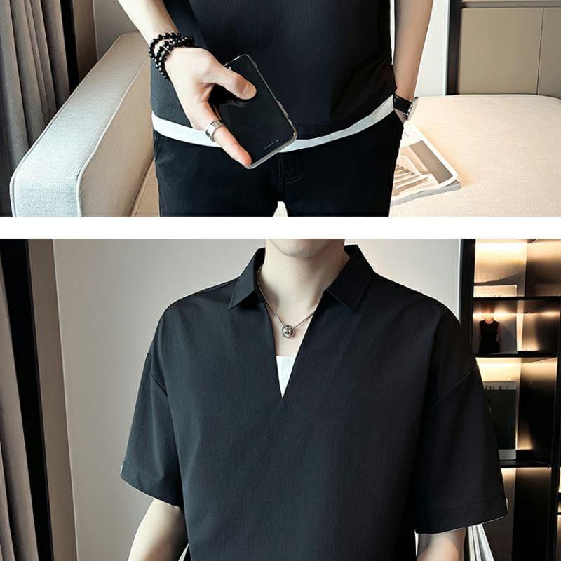 Product Introduction of 2025 Fake Two-Piece V-neck T-shirt Men's Ins Fashion Brand Short Sleeve Polo Shirt Ice Silk Half Sleeve 2023 New Summer Matching Suit 20
