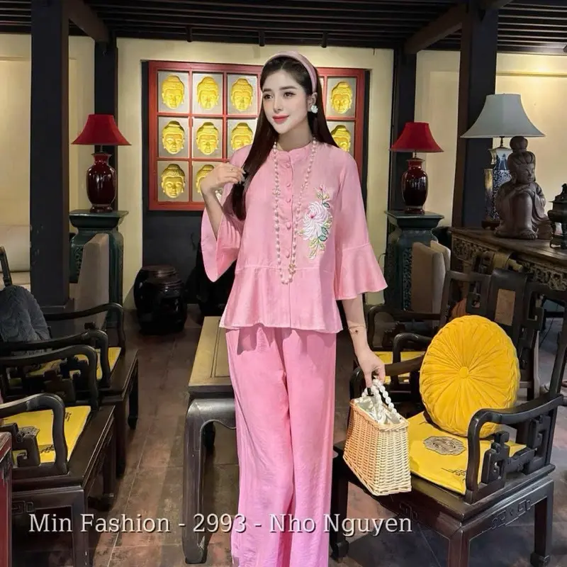Set bộ đi chùa thêu hoa nút bọc tay bèo chất tuyết nhung mịn 4 màu siêu xinh