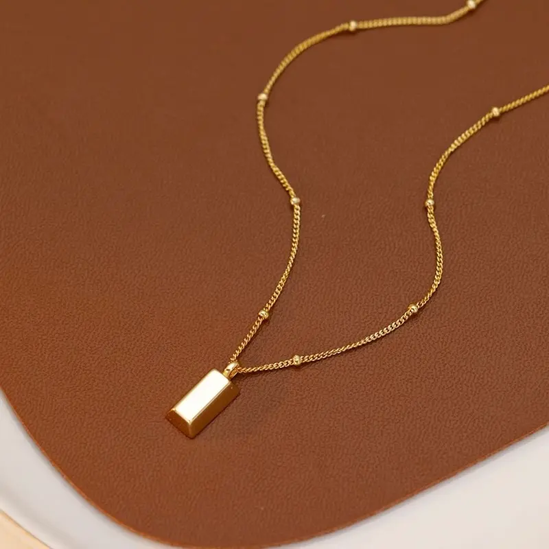 Japanese and Korean-Style Light Luxury Lucky Small Gold Bar Pendant Necklace Women's Creative Mini Square Gold Brick Design Titanium Steel Clavicle Chain