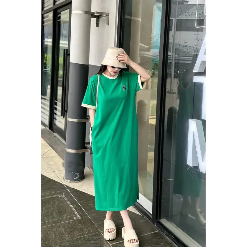 Váy Phông Suông, Đầm Suông Phối Viền Thêu Chữ B From Rộng, Dáng Dài Chất Cotton Đẹp Nữ