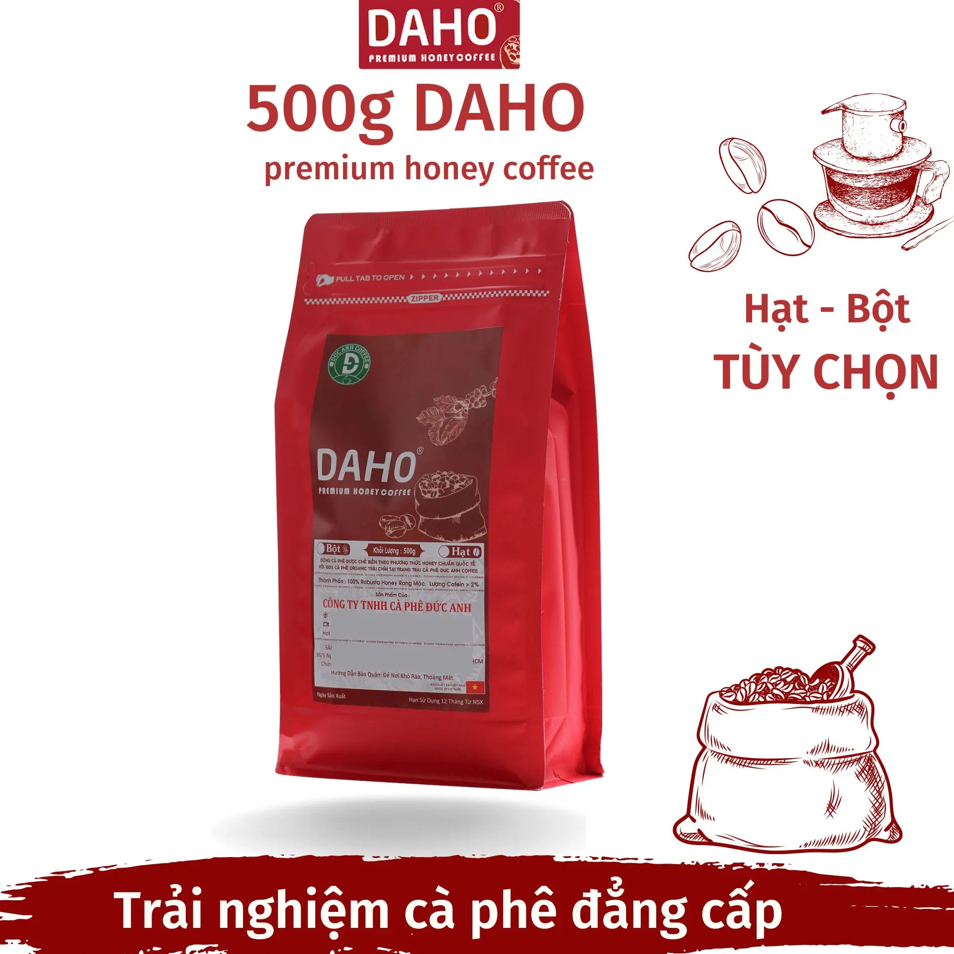 Gói 500g cà phê rang mộc DAHO fremium honey coffee chế biến đặc biệt Cafe