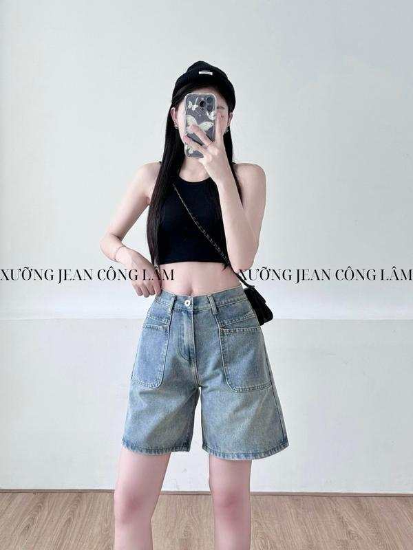 Quần jean ngố nữ lưng cao ống rộng phối túi trước cá tính (S27) 2