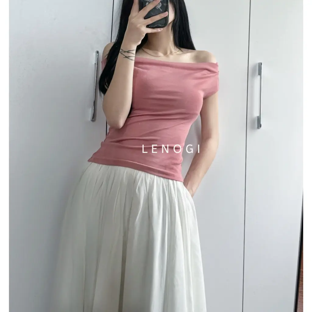 Áo trễ vai cộc tay nữ LENOGI Áo kiểu nữ bẹt vai  mùa hè coton mịn mát | BigBuy360 - bigbuy360.vn