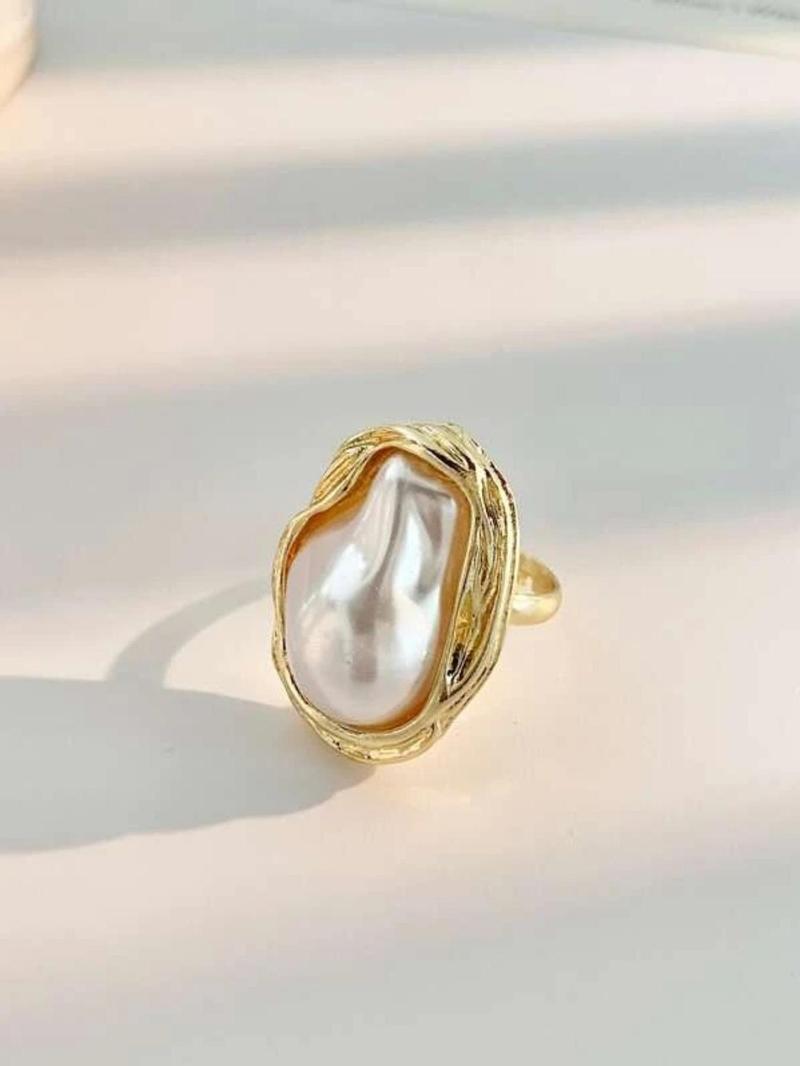 Product Introduction of Faux Pearl Decorated Geometric Design Ring, Casual Adjustable Opening Ring For Party, Daily Clothing Decor For Girl Women For Gift 7
