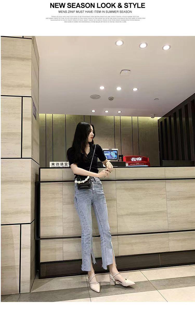 Product Introduction of Women's Sandals Summer Mid Heel Pointed Toe Pumps Closed Toe Chunky Heel Rhinestone Women's Shoes Word Buckle High Heels 10