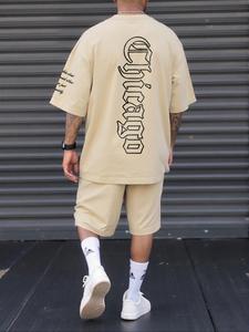 メンズ レタープリント半袖ラウンドネックTシャツ＆ショートパンツ 2点セット（レギュラーフィット）／カジュアル／夏向け、セットアップ