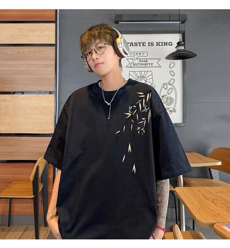 Product Introduction of Popular fashion bamboo print loose T-shirt cotton print short sleeve plus size tee for men 33