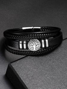 Brazalete trenzado de cuero PU para hombre, diseño de Árbol de la Vida estilo punk, 1 pieza de brazalete multicapa a la moda para decoración diaria, joyería estética minimalista