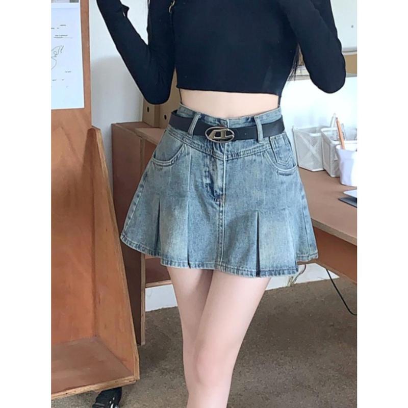 Chân Váy Denim, Phong Cách Cổ Điển Mỹ, Dành Cho Nữ, Mùa Xuân / Mùa Hè Năm 2025 Hàng Mới Về, Chân Váy Xếp Ly Cạp Cao Thiết Kế Cô Gái Nóng Bỏng, Chân Váy Chữ A 4