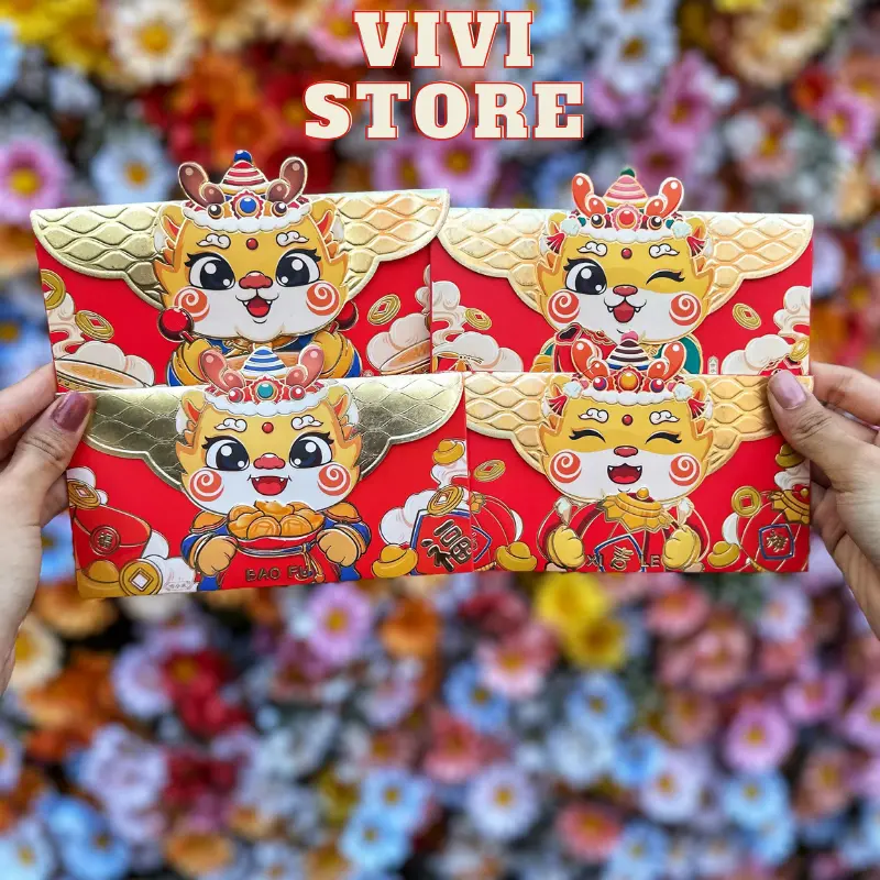 Set Lì Xì Rồng ngang 2024, ánh nhũ vàng, Mẫu Rồng Năm Mới Giáp Thìn, chất liệu giấy tổng hợp cao cấp - ViviStore 0