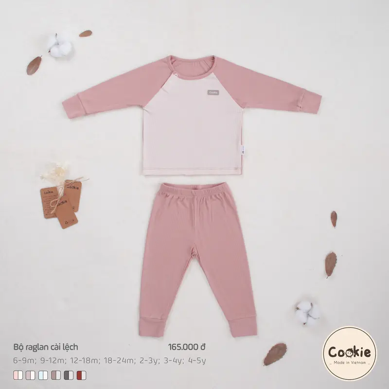 Bộ Quần Áo Dài Tay Cookie Raglan Cài Lệch Cho Bé Size 6-9M Đến 4-5Y, Chất Liệu Cotton Tăm Lạnh 4