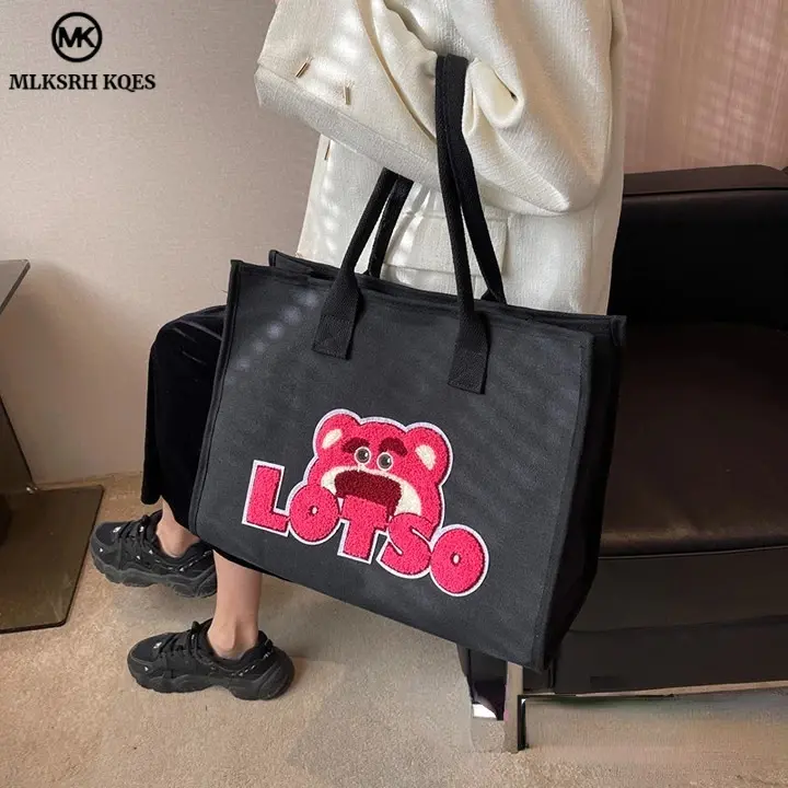 MLKSRH KQES Túi tote Vải canvas Cỡ Lớn In Hoạt Hình Gấu Dâu Tây Kiểu Nhật Bản Dễ Thương Cho Nữ