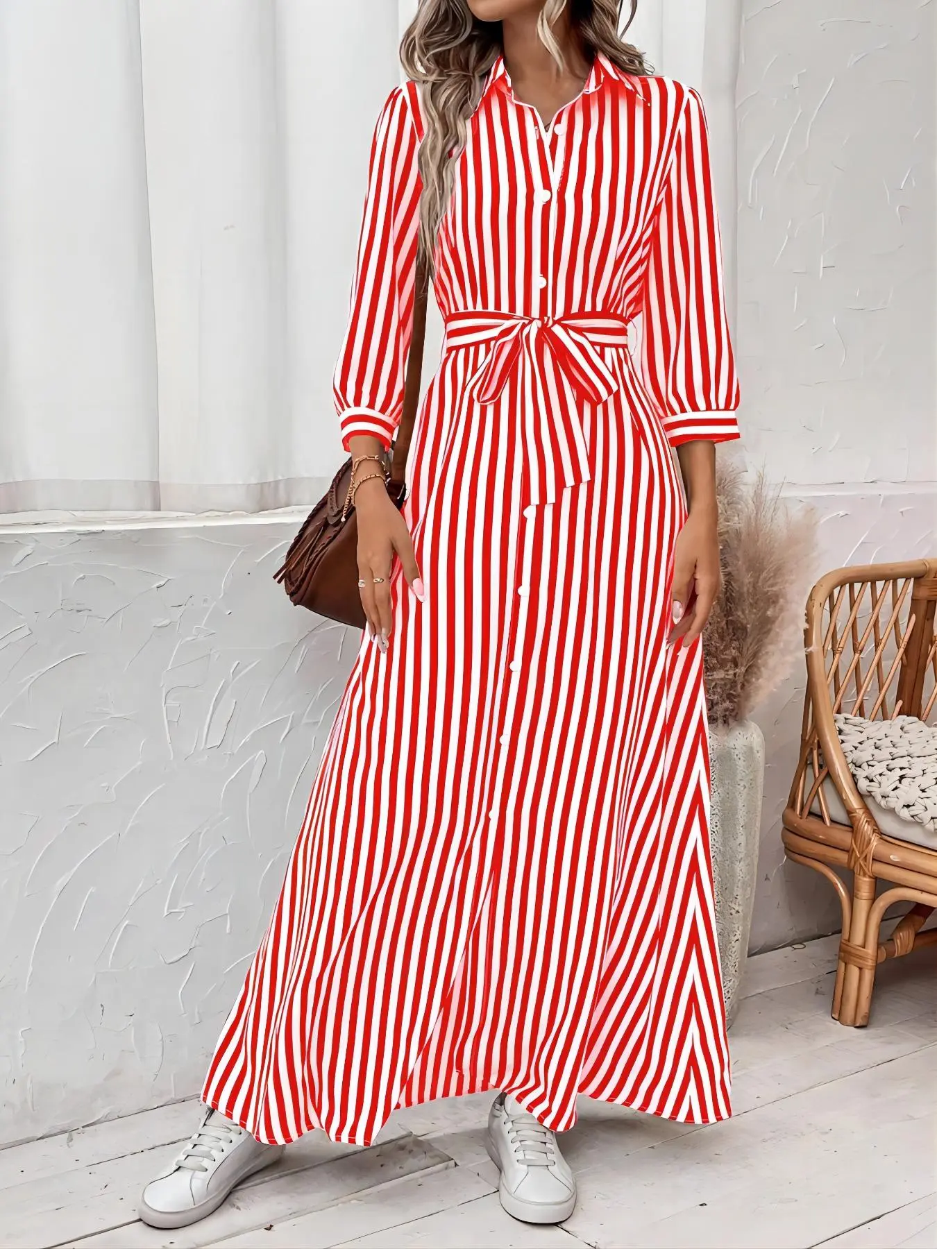 Women's Striped Print Button Belted Shirt Dress, Casual Long Sleeve Collared Dress for Spring & Fall, Women's Clothing for Daily Wear