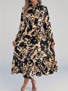 Women's Plants Print Dress with Belt, Casual Long Sleeve Collared Dress for Spring & Fall, Women's Clothing for Daily Wear